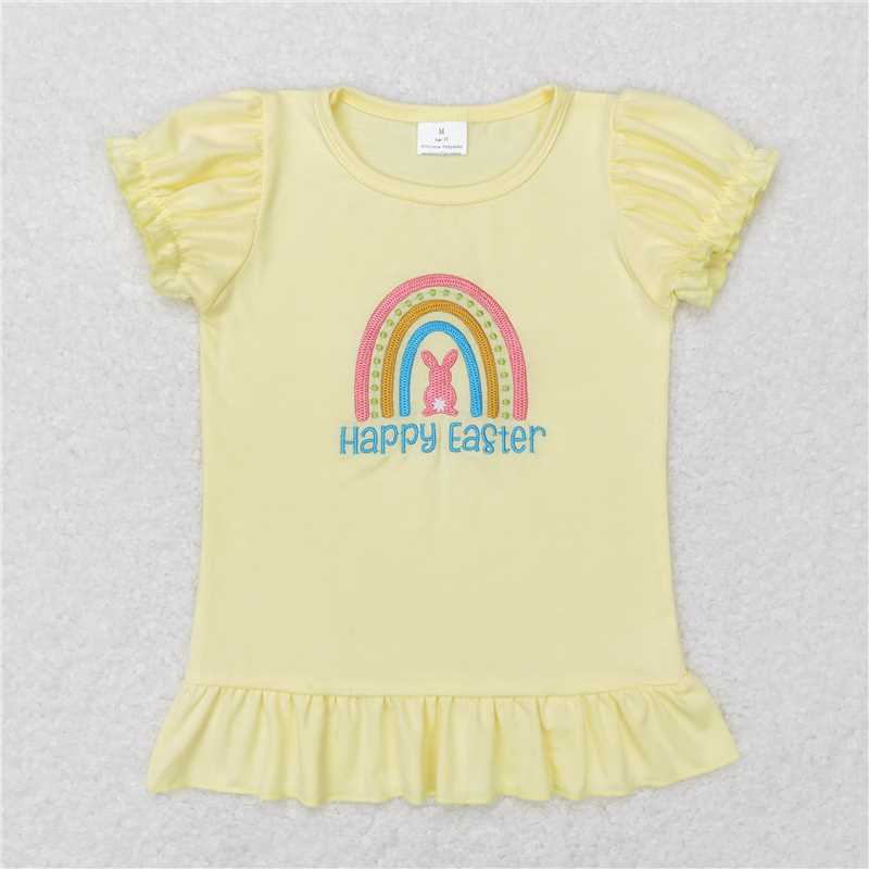 GT0392 Yellow short sleeves rainbow bunny happy easter girls shirt
