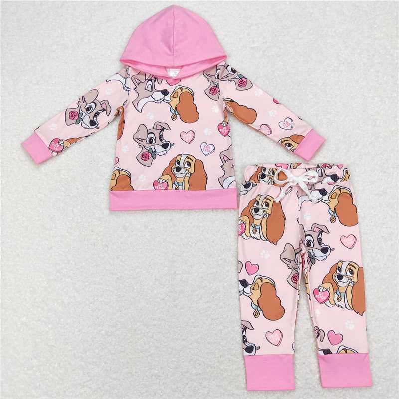 11.12 RTS NO MOQ (In stock)Matching Valentines GLP1133 Baby Girls Pink Dogs Valentines Hooded Tee Top Pants Clothes Sets
