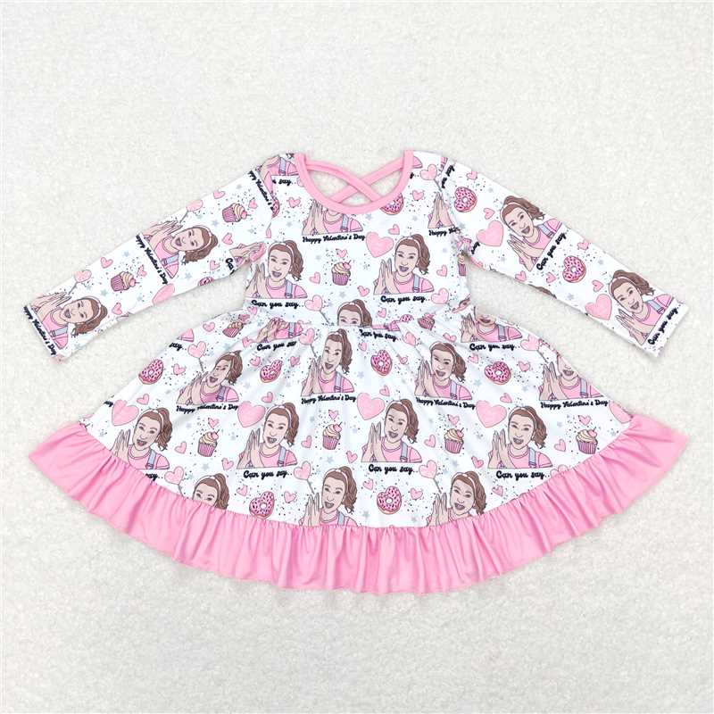 12.15 RTS NO MOQ (In stock)GLD0504 Baby Girls Teacher Pink Ruffle Knee Length Dresses