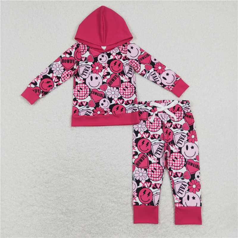 GLP1126 Baby Girls Pink Smile Valentines Hearts Hooded Top Pants Clothes Sets
