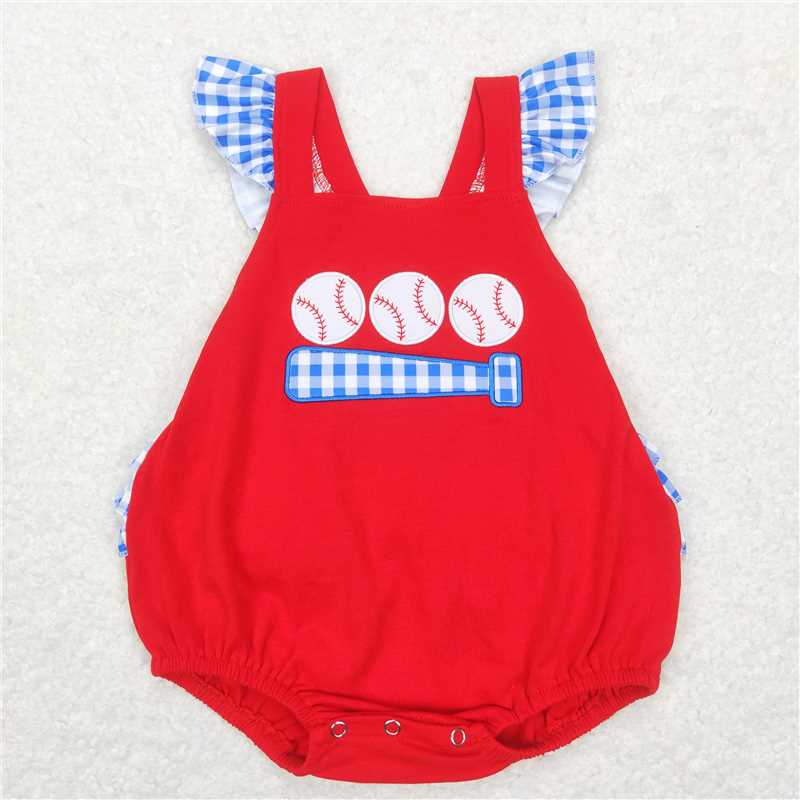 SR0686 Baby Infants Girls Red Baseball Straps Ruffle Rompers