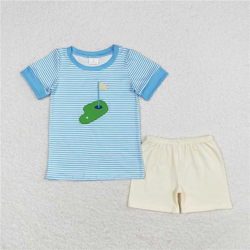 BSSO0592 Baby Boys Golf Blue Stripes Shirts Shorts Summer Clothes Sets
