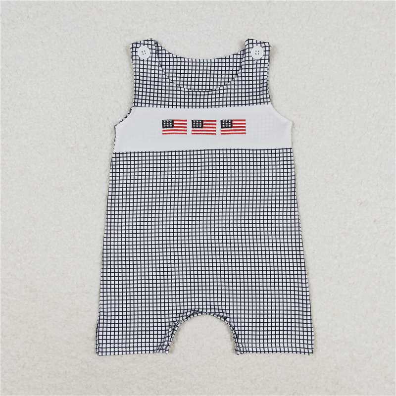 SR1001 Embroidery Baby Infant Boys Blue Checkered Flag 4th of July Rompers