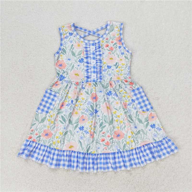 GSD1009 Floral Blue and White Plaid Pocket Lace Sleeveless Dress