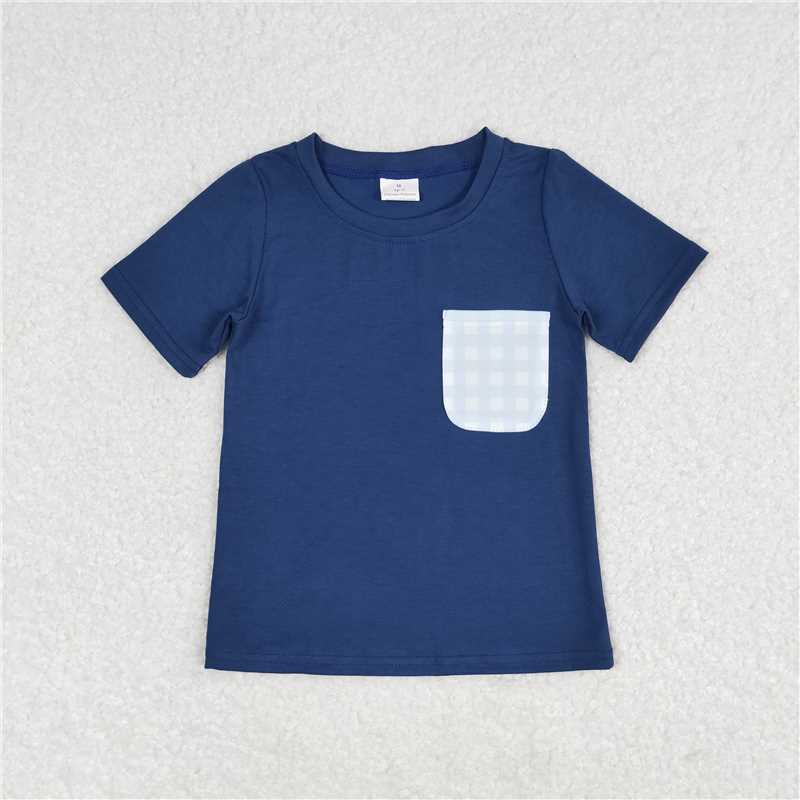 BT0705 Short sleeves plaid pocket blue kids boys shirt