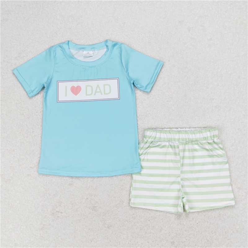 BSSO0878 Baby Boys I Love Dad Shirt Green Stripes Shorts Clothes Sets