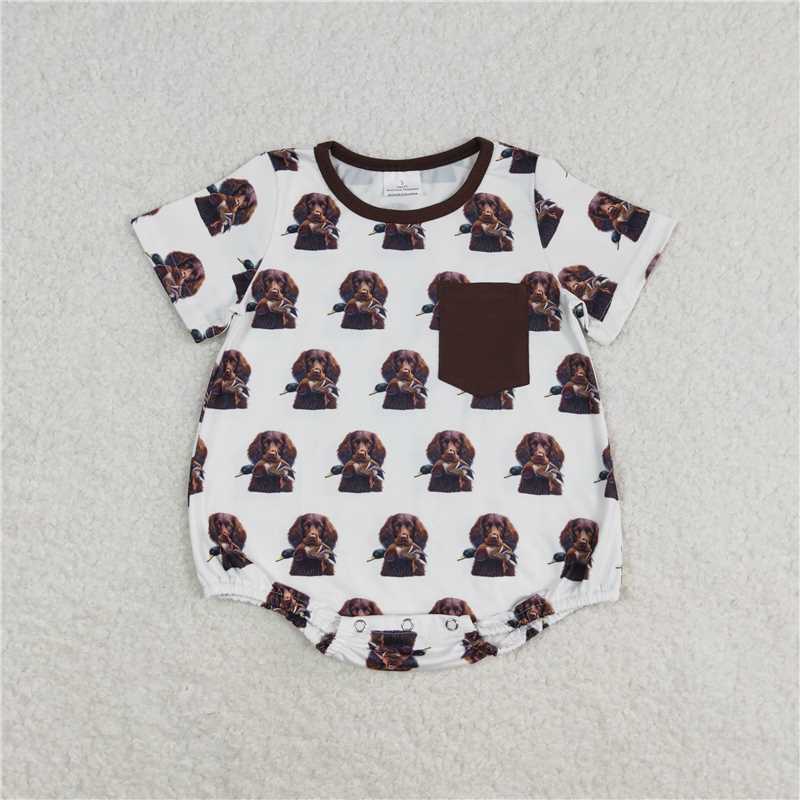 SR1685 Baby Boys Brown Pocket Dogs Sibling Rompers Clothes Sets