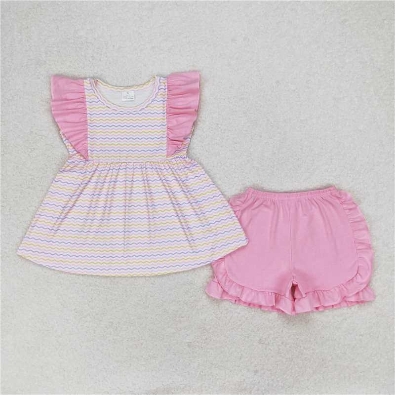 GSSO0976 Blue and yellow wavy stripes and pink lace sleeveless shorts set