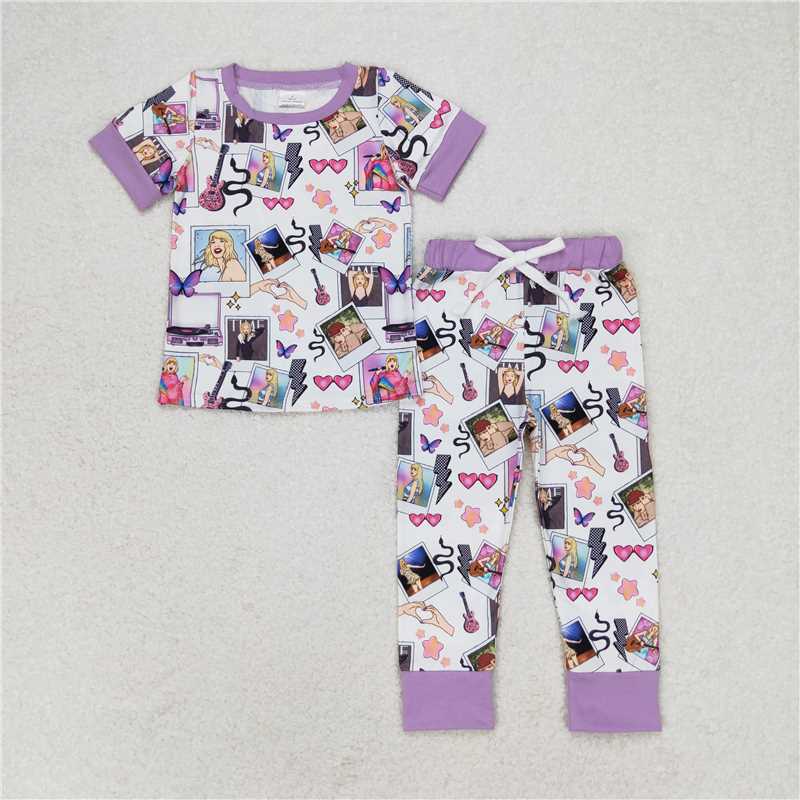 Baby Girls European and American female singer musical instrument print pattern short-sleeved trousers suit