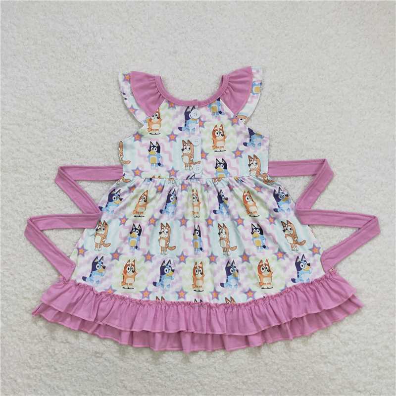 GSD1060 Baby Girls Colorful Dogs Belt Ruffle Knee Length Dresses