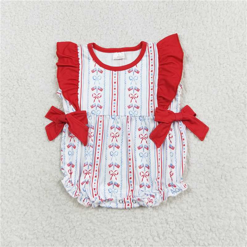 1.6 RTS NO MOQ (In stock)SR1717 4th of July Baby Infant Girls Red Bows Flag Ruffle 4th Of July Rompers