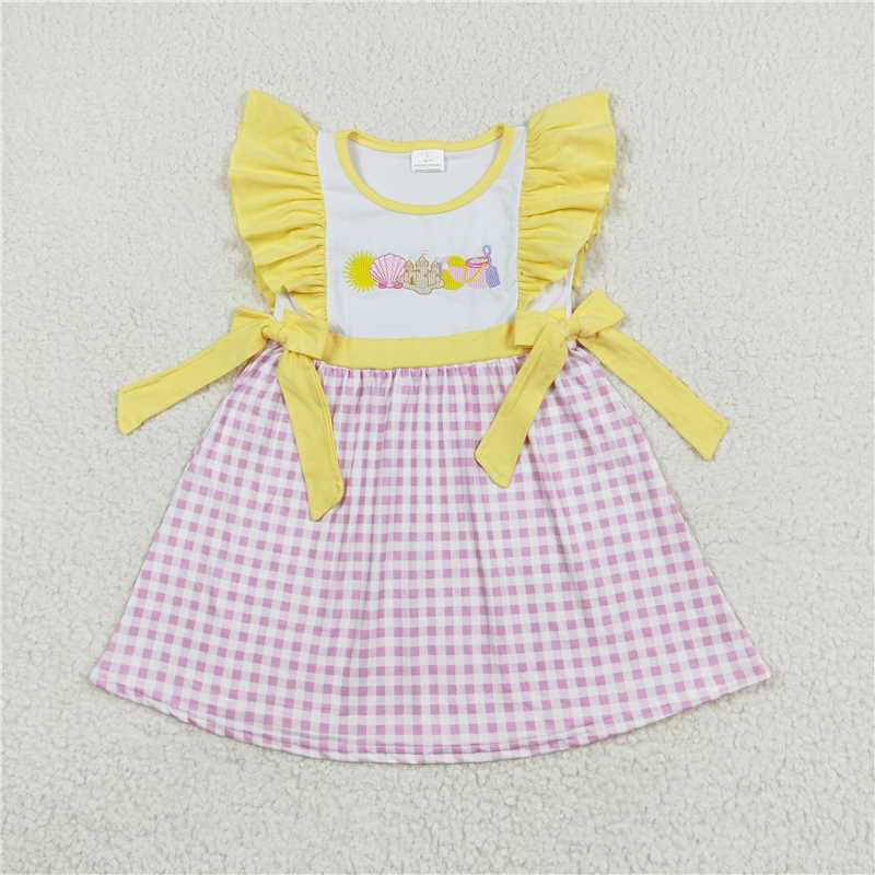 GSD0600 Embroidery Shell Castle Beach Ball Pink and White Plaid Yellow Lace Bowknot Flying Sleeve Dress