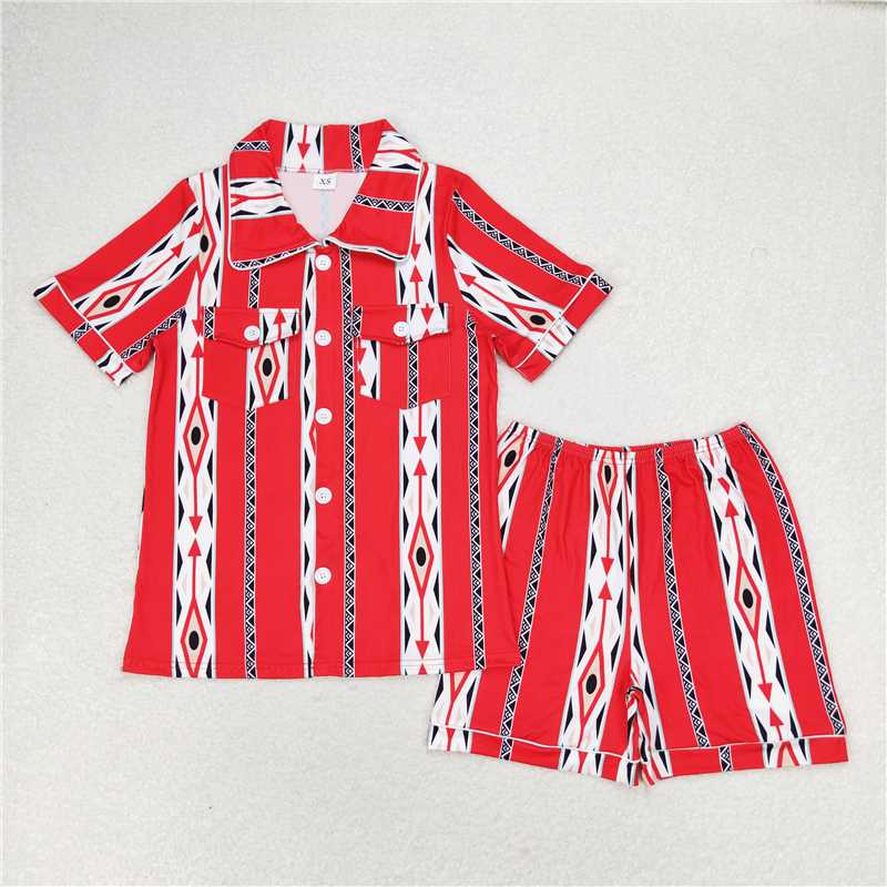 GSSO1122 GSSO1283 Adult Girls Button Cardigan Short Sleeve Shorts Pajama Set: Leopard & Geometric Stripes