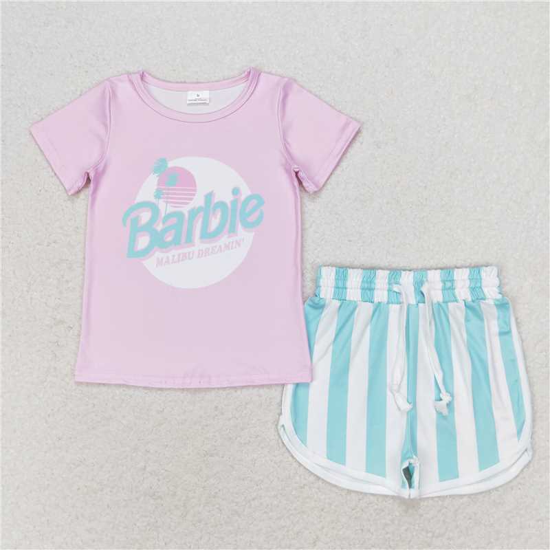 GSSO1168 barbie pink short-sleeved striped shorts set