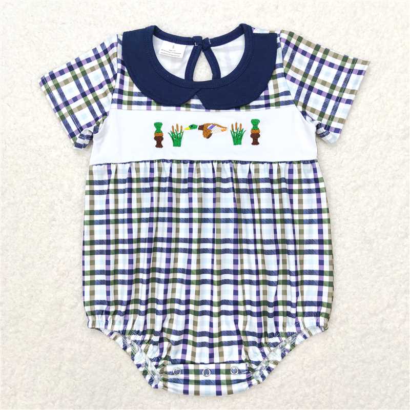 SR1242 Baby Girls Gingham Short Sleeve Ducks Summer Spring Rompers