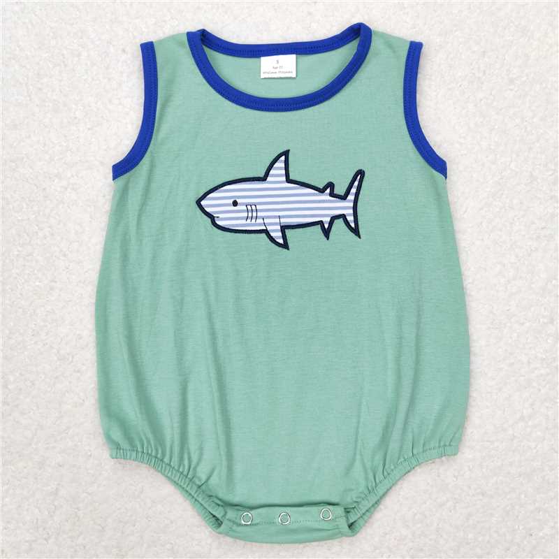 SR1590 Baby Boys Green Shark Summer Sleeveless Rompers