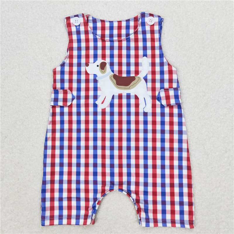 SR0821 Baby Infant Boys Dogs Blue Red Checkered Rompers