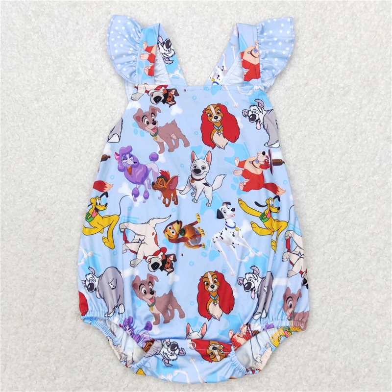 SR1114 Baby Infant Girls Little Dogs Sleeveless Bubble Rompers