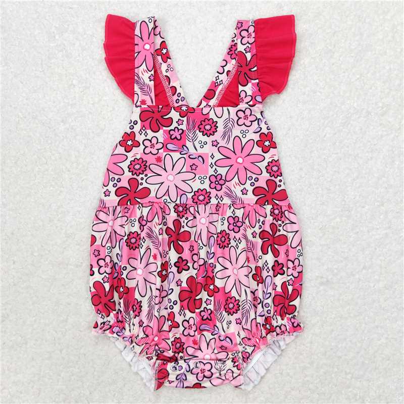 SR1423 Baby Infant Girls Pink Flowers Flutter Sleeve Rompers