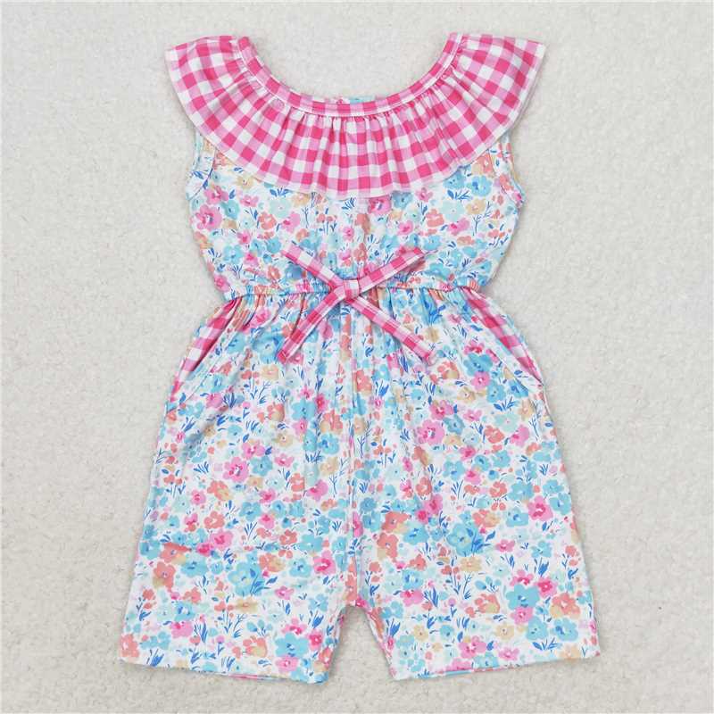 SR1244 Baby Girls Pink Blue Floral Pockets Shorts Jumpsuits