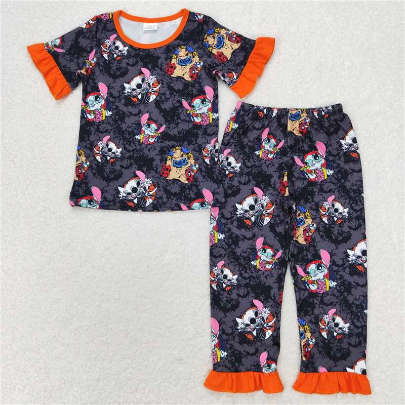 GSPO1580 Halloween Stitch bat orange lace black and gray trousers pajamas set