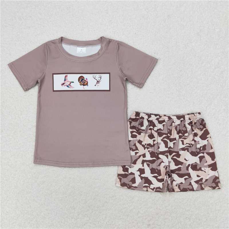 10.16 RTS NO MOQ (In stock) Matching thanksgiving BSSO0953 Baby Boys Camo Duck Turkey Deer Shirt Shorts Clothes Sets