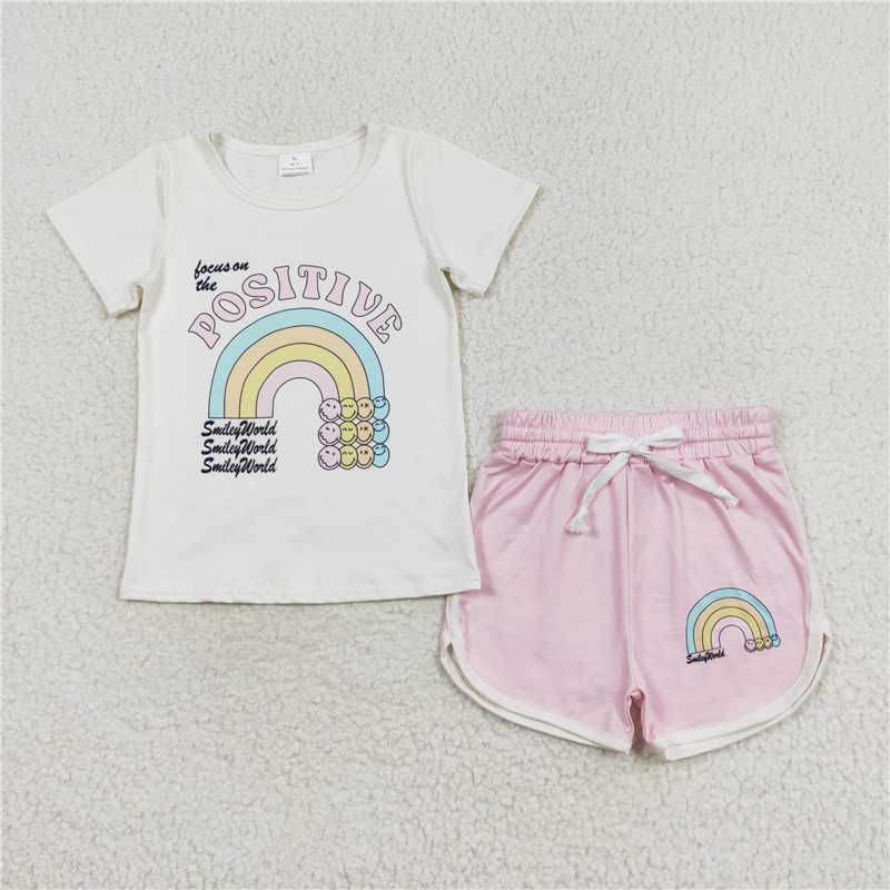 GSSO1175 Positive letter rainbow short-sleeved pink shorts suit