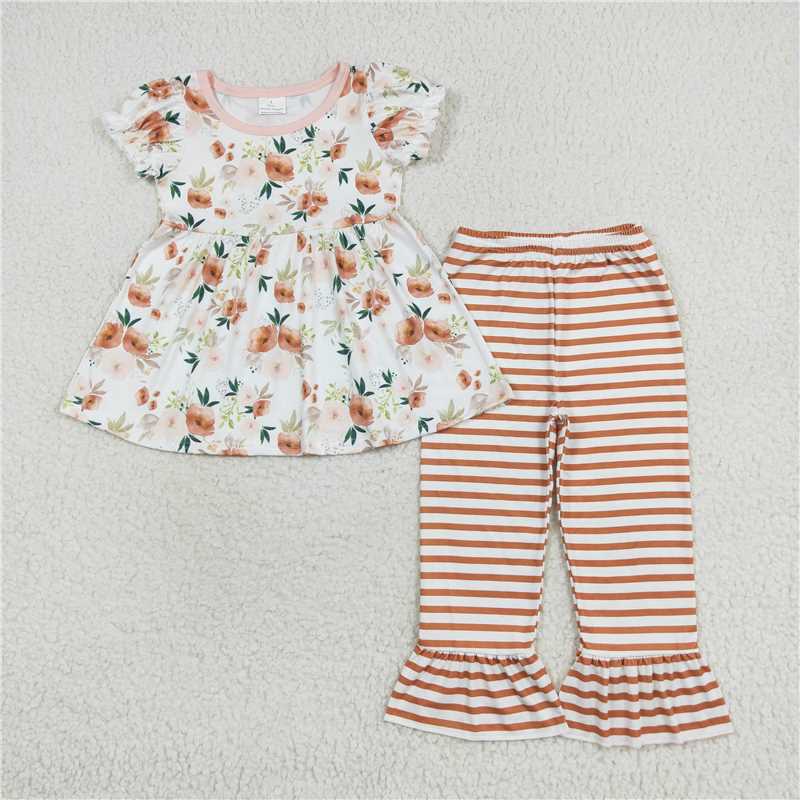 GSPO1570 White floral short-sleeved orange striped trousers suit