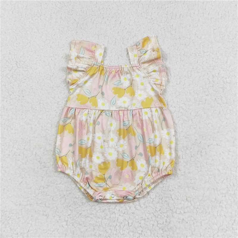 SR1673 Baby Girls Pink Flowers Flutter Sleeve Summer Rompers