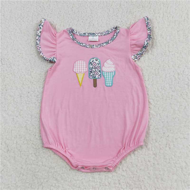 SR1598 Baby Girls Popstick Summer Floral Pink Flutter Sleeve Rompers