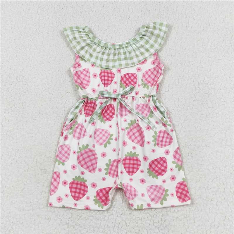 SR1565 Baby Girls Summer Strabwerry Pockets Jumpsuits