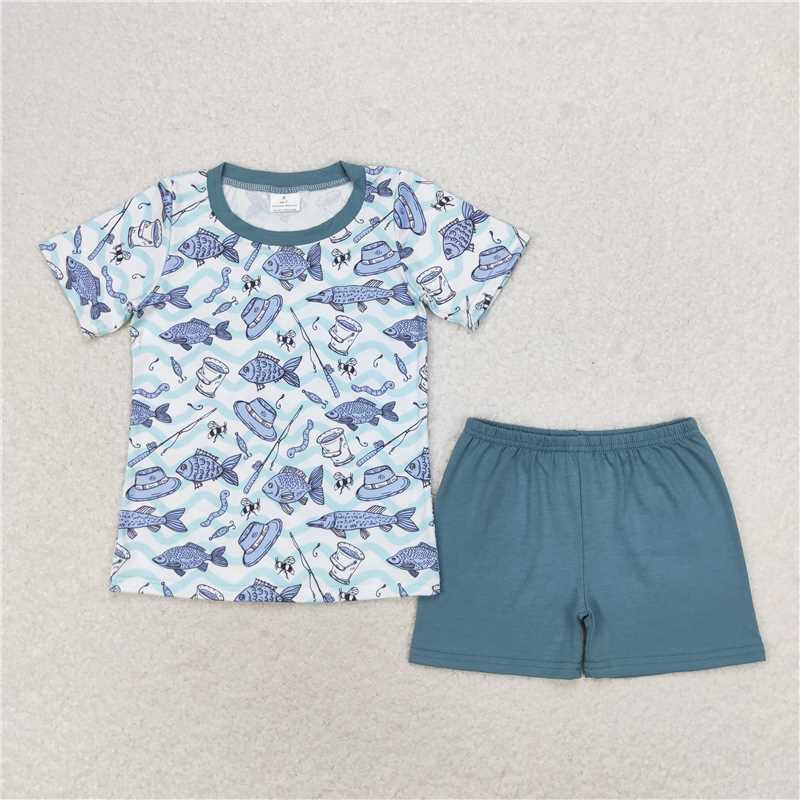 BSSO0994 Baby Boys Fishing Stripes Shirt Top Blue Shorts Clothes Sets