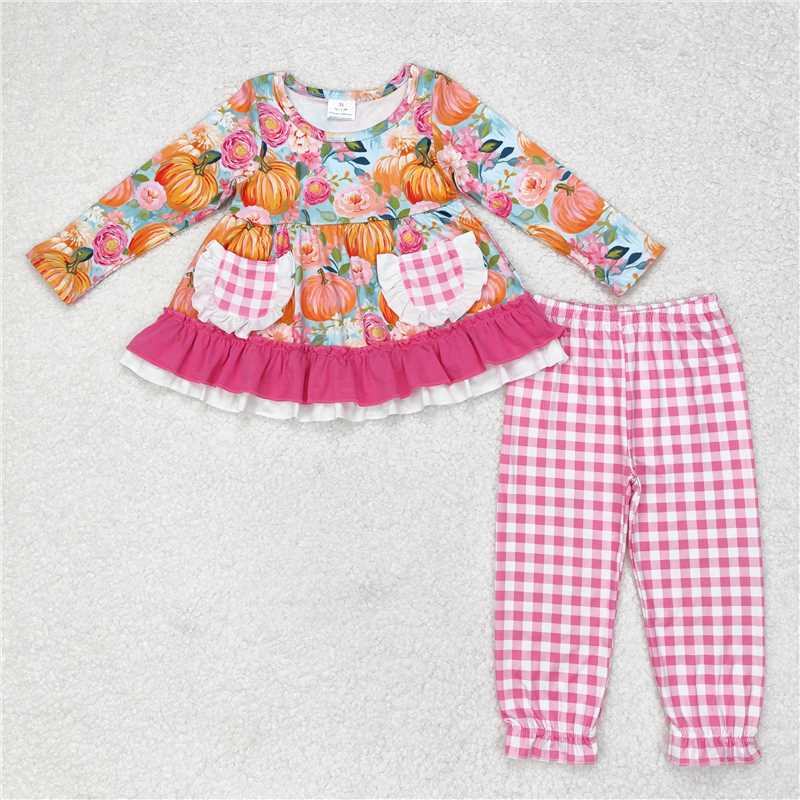 GLP1233Pumpkin pocket tunic pink plaid pants girls fall clothes