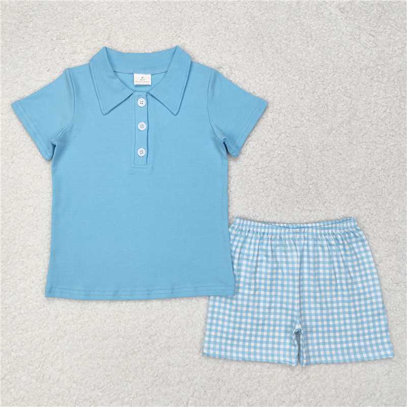 BSSO0954 Baby Boys Blue Short Sleeve Tee Shirts Checkered Shorts Clothes Sets
