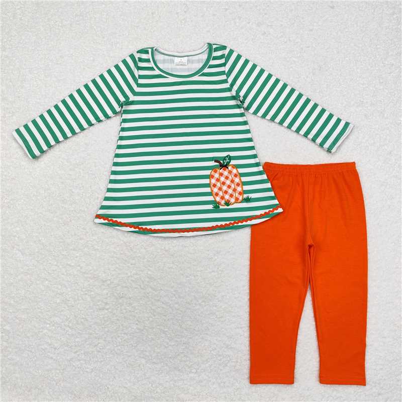 GLP1171Green stripe pumpkin tunic leggings girls fall clothing