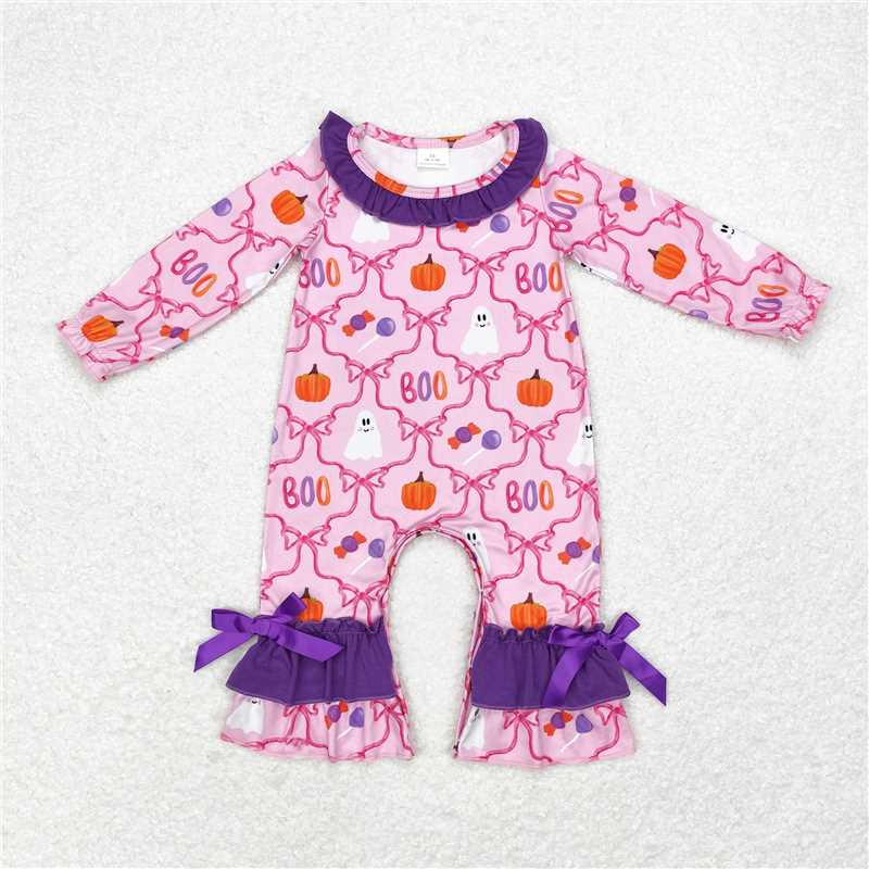 11.13 RTS NO MOQ (In stock)Matching Halloween LR1411 Baby Infant Girls Pink Bows Halloween Ghosts Long Sleeve Rompers