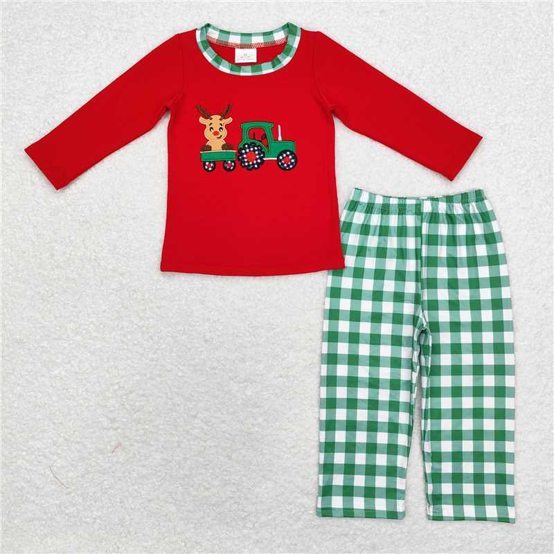 BLP0611Deer truck red top green plaid pants boys Christmas outfits