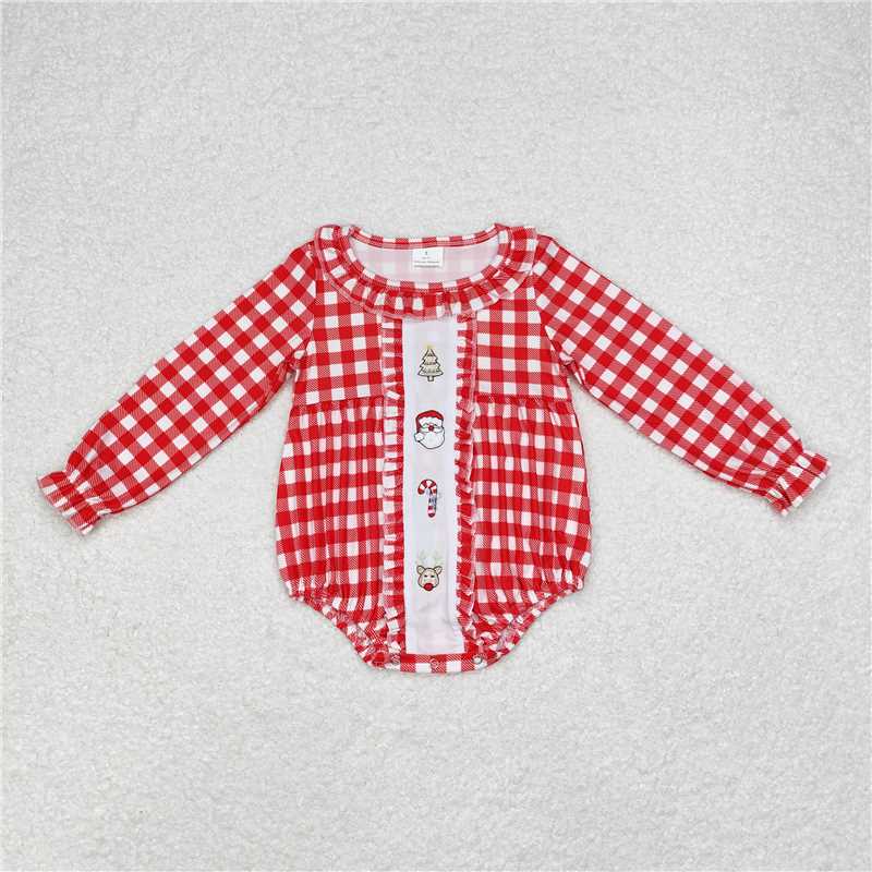 LR1302Plaid santa deer candy cane baby girls Christmas romper