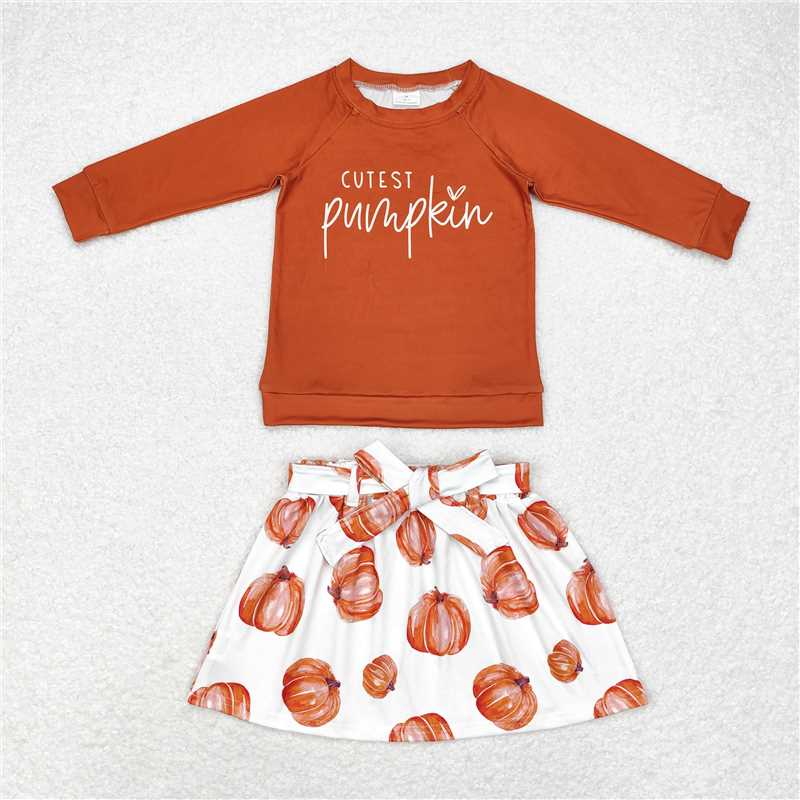 GLD0686 girls cutest pumpkin brown top skirts sets fall clothing