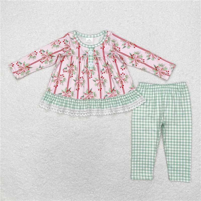 GLP1663 Christmas bow pattern green plaid lace long-sleeved trousers suit