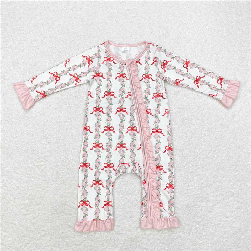 LR1517Pink bow floral ruffle baby girls bamboo zipper romper