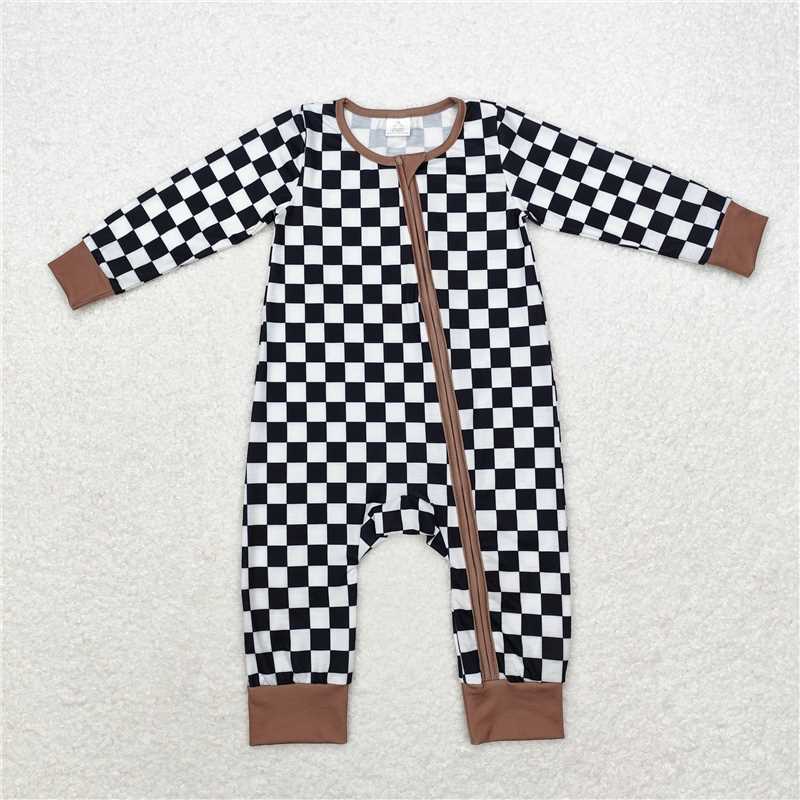 RTS LR1436 Modal black and white plaid brown edge zipper long sleeve jumpsuit