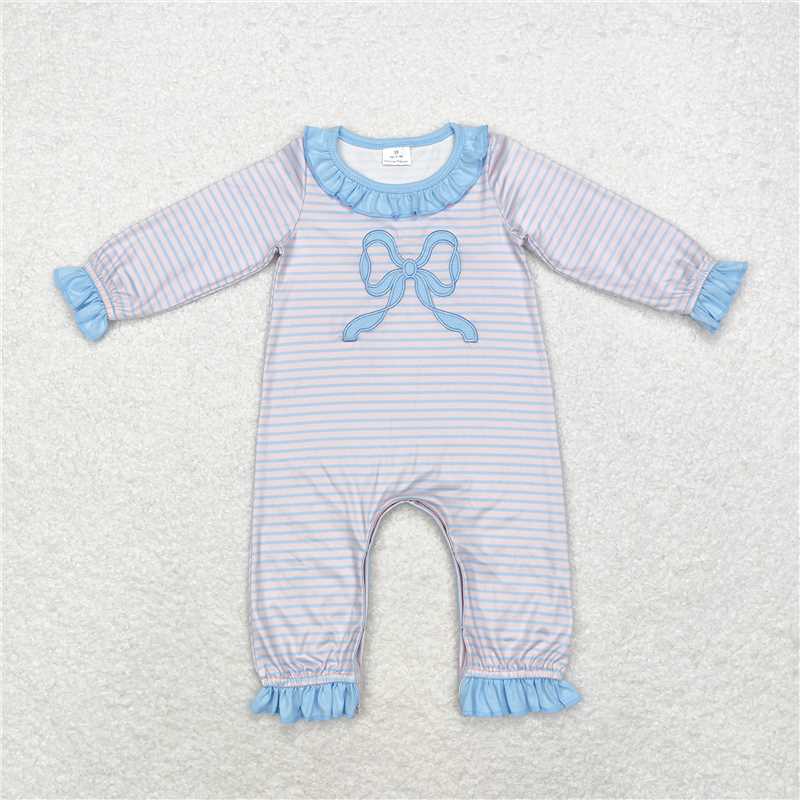 LR1378Ruffle long sleeves light blue bow stripe baby girls romper