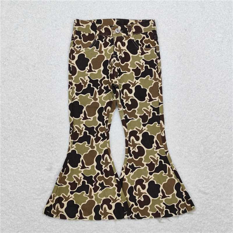 P0529 Mommy And Me Girls Camo Duck Fall Bell Flare Denim Pants