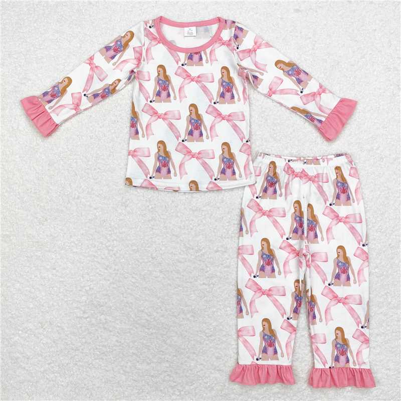 GLP1606Long sleeves pink bow ruffle singer girls pajamas