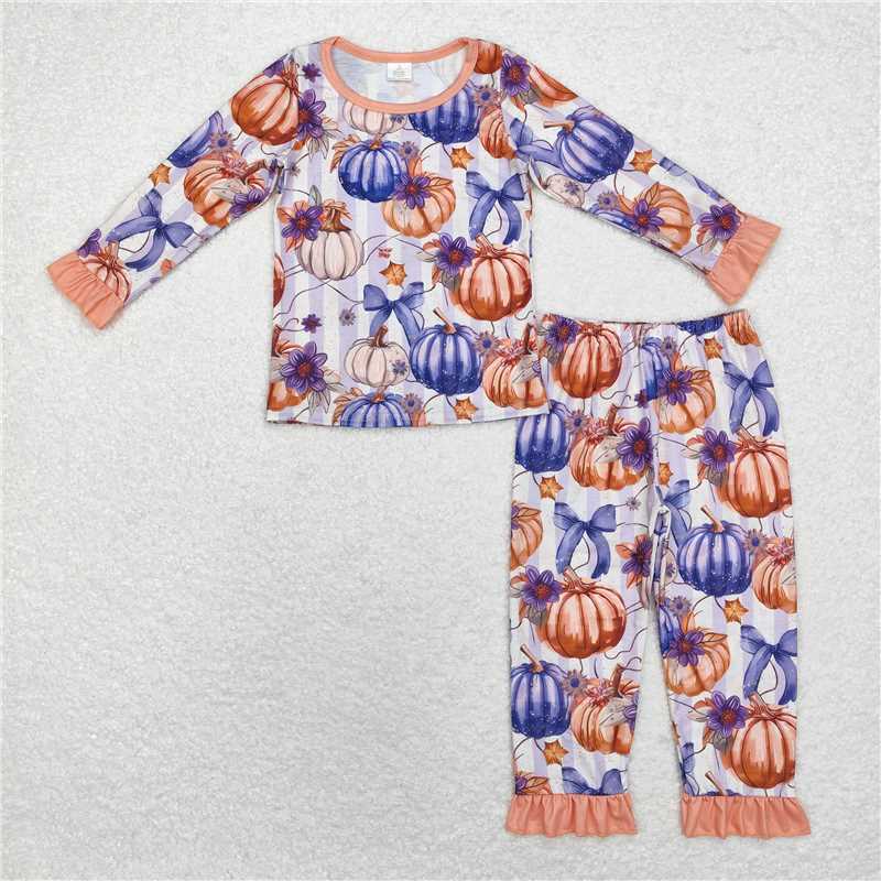 GLP1619Purple bow stripe pumpkin ruffle girls fall bamboo pajamas