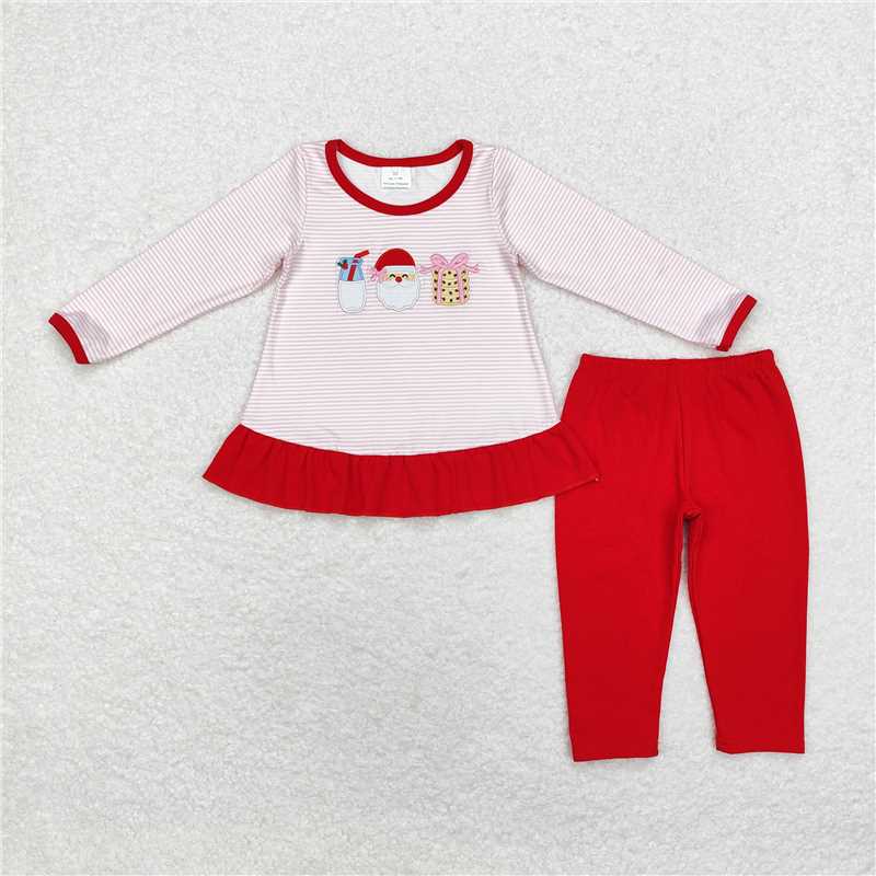 GLP1596 Embroidered Milk Santa Claus Cookies Pink Striped Long Sleeve Red Pants Set
