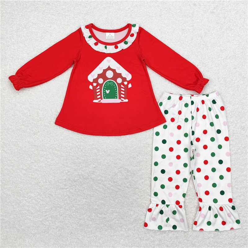 12.8 RTS NO MOQ (In stock)GLP1643 Baby Girls Christmas House Red Tunic Dots Pants Clothes Sets