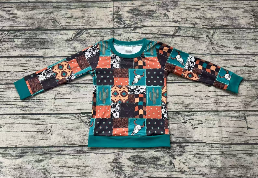 BT1060 Baby Boys Western Cactus Cow Green Long Sleeve Tee Shirts Tops Preorder