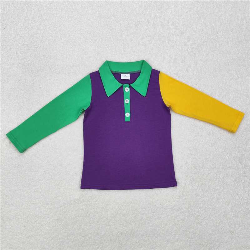 12.19 RTS NO MOQ (In stock)BT0997 Baby Boys Mardi Gras Purple Buttons Tee Shirts Tops